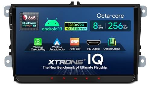 XTRONS 9 Zoll QLED IPS Android 14 Autoradio Qualcomm 665 Octa Core 8GB 256GB Eingebautes 4G LTE Car Play Android Auto HDMI-Ausgang WiFi GPS Bluetooth 5.0 Optional DAB OBD Für Volkswagen Skoda SEAT