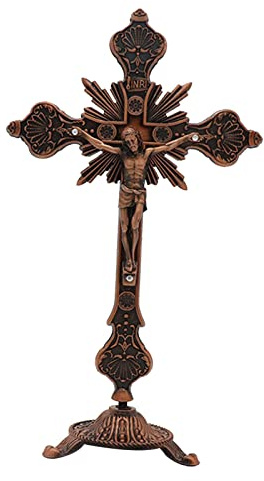 Colcolo Cruz de Mesa de crucifijo de Jesús de Metal, Cruz de Mesa católica con Soporte para la decoración del hogar de oraciones de Cristo, 10 H, Rojo Antiguo