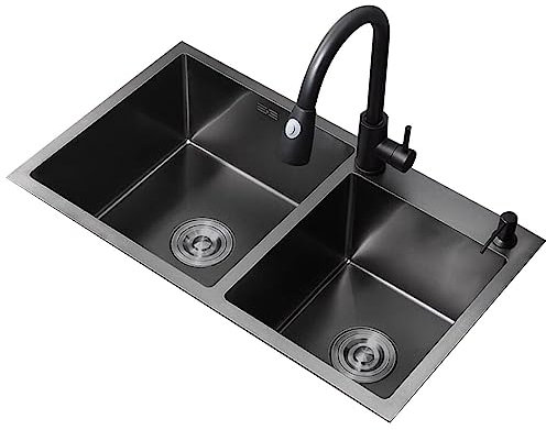 GUYANA Lavabo da Cucina Lavabo da Cucina Lavabo da Appoggio Incorporato Lavello a Doppia Vasca Lavello in Acciaio Inossidabile con Lavelli a Cestello Scolapiatti (Colore : Nero, Dimension