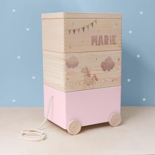 hellomini Personalisierte Spielzeugkiste aus Holz zur Aufbewahrung - Stapelkiste Holz - Spielzeugkiste Kinderzimmer - Personalisiertes Geschenk für Kinder (Einhorn 3er)