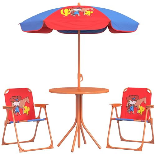 Outsunny Kids Bistro Set Children Table and Chair Set Garden Furniture Cowboy Themed 4 Pieces w/Adjustable Parasol, Foldable Chairs for 2-5 Years – Blue and Red