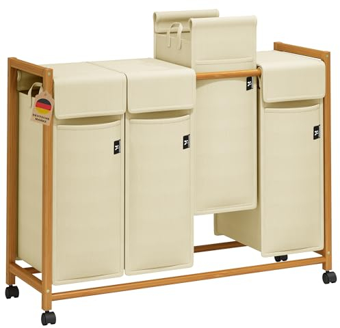 AdelDream Wäschekorb 200L – Bambus Wäschesortierer mit 4 Fächern, abnehmbarer & atmungsaktiver Wäschesack, Wäschebox für Schmutzwäsche & Aufbewahrung im Badezimmer, Waschküche & Schlafzimmer, Beige