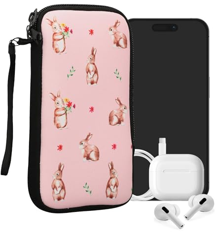 kwmobile Handytasche für Smartphones XL - 6,7/6,8 - Neopren Handy Tasche Hülle Cover Case Schutzhülle - Hasen und Blumen Weiß Braun Hellrosa - 17,2 x 8,4 cm Innenmaße