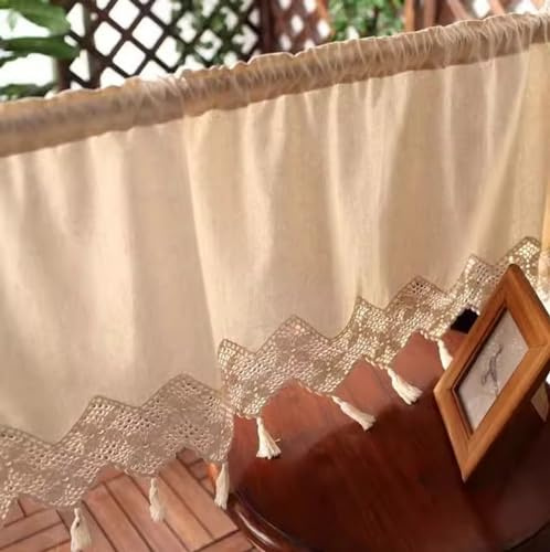A.Monamour Gardine Scheibengardinen Kurzstores Rustikale Bauernhaus Baumwolle Leinen Blickdicht Häkeln Schmetterling Spitze Quasten Kurzvorhang Küchengardine Küche Vorhang Kurz Stores Bistrogardine