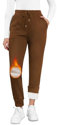 Vinterbyxor i fleece med hög midja för kvinnor med hög midja termobyxor med fickor och dragsko, #2 Kaffe - Avsmalnande fåll, XL