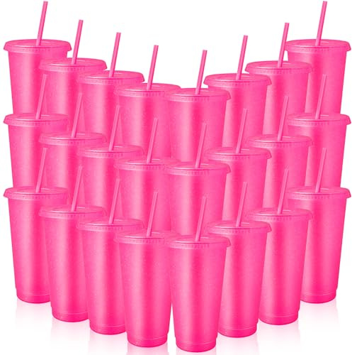 MSYU 24 Pcs Reusable Cups with Lids and Straws 24 oz Glitter Iced Coffee Tumbler Plastic Travel Mug Cup for Smoothie Juices Birthday Sleepover Party Supplies (Hot Pink)