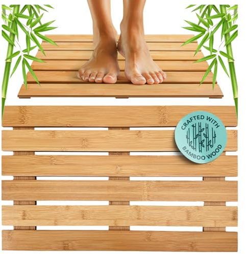 Outdoor Bamboo Bath Mat 19.5x12.5, Non-Slip Bamboo Shower Mat for Indoor/Outdoor Shower Floor, Spa Decor for Sauna Floor, Wood Bathroom Accessories, Wood Bath Mats, Spa Room Decor for Bathroom