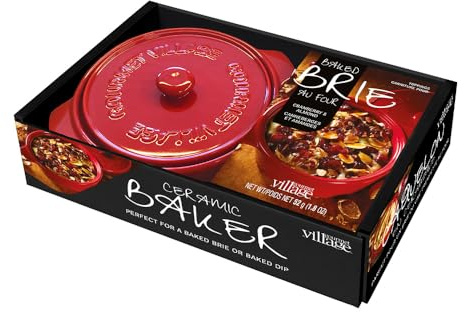 Gourmet du Village, Red Ceramic Brie Baker with Handles Gift Set with Cranberry Almond Topping