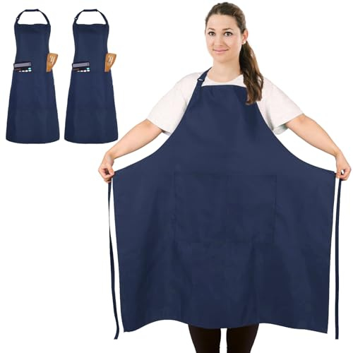 FunChaos 2 st kockförkläde, unisex förkläde med 2 fickor för kök, arbete, professionellt förkläde (stor storlek), Färg: blå, 90 x 100 cm, pas tylny 95 cm