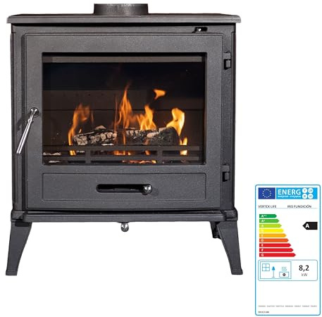 EIDER BIOMASA – Estufa de Leña IRIS en Fundición – 10 kW – Nominal 8,2 kW – Compacta 74x47x62 cm – Calienta hasta 170 m³ – Clase A – Diseño Clásico y Alta Inercia Térmica