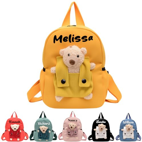 Cozifitgear Personalisierter Rucksack für Mädchen Jungen mit Namen,Süße individuelle Schultasche mit abnehmbarem Bär, Geburtstagsgeschenk