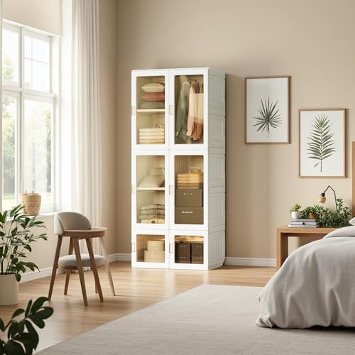 DAHUEN Armadio pieghevole, Armadio Pieghevole per Camera da Letto, Portatile Guardaroba, con 10 scomparti, 6 ante, 1 mensola, per soggiorno, camera da letto, materiale PP, Bianco.
