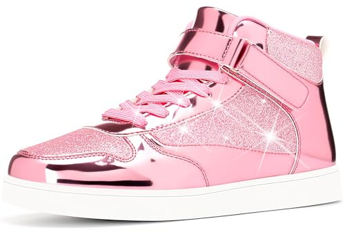 APTESOL Damsneakers med metallisk finish för hög topp med glitteraccenter och justerbar rem, unisex glittrande modepromenadskor för vardag och festkläder, Rosa, 4.5 Women/3 Men