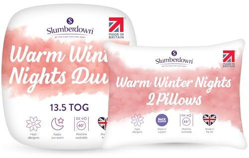 Slumberdown Warm Winter Nights Single Duvet 13.5 Tog & 2 Pillows - Thick & Cosy Quilt for Cold Weather | Soft Touch Cover, Non-Allergenic, Washable UK-Made Bedding (135 x 200cm)
