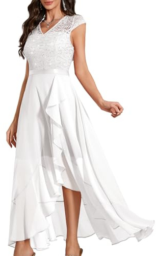 Bbonlinedress Abito da sera da donna, con paillettes, floreale, in pizzo, per matrimonio, damigella d'onore, ospite, con scollo a V e maniche a cappuccio, bianco, S