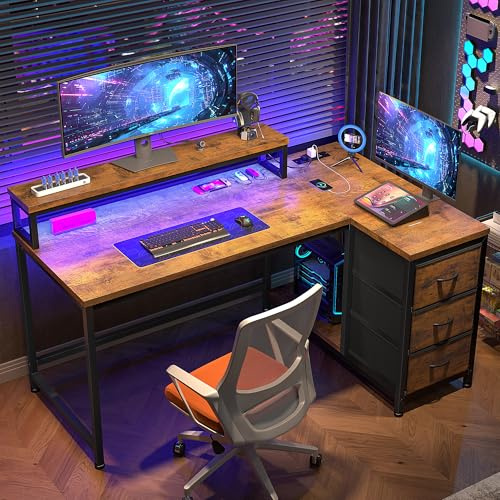 Cliporix L Shaped Computer Desk, 120x80CM Big Sturdy PC Desk with Integrated Power Outlets & RGB Lights, Reversible Corner Desk with Fabric Drawers for Home Office, Table & Workstations