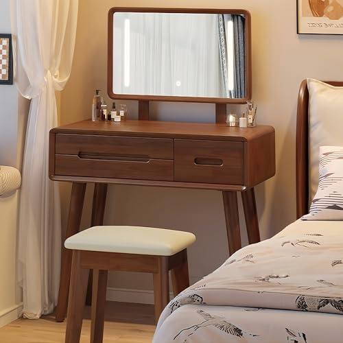 Justerbart upplyst sminkbord med lådor och mjuk stol rymlig 80 cm gott om benrum elegant design flera färger tillgängliga (brun)