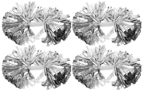TOGEVAL Lot de 4 Pompons de Cheerleading Argentés Métallisés Grands avec Poignée, Accessoires Légers et Brillants pour Compétitions Sportives, Cours de Danse et Événements