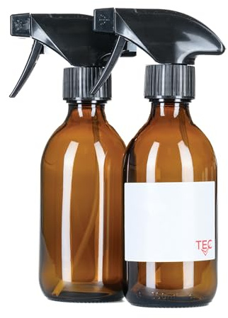 TEC 300ml Amber Glass Spray Bottles 65% Recycled UK Made Mist or Jet | Brown for Cleaning and Hair Oil Gardening Mist Essential Oils Recyclable with Labels Wrapped in Sustainable Paper Bottle