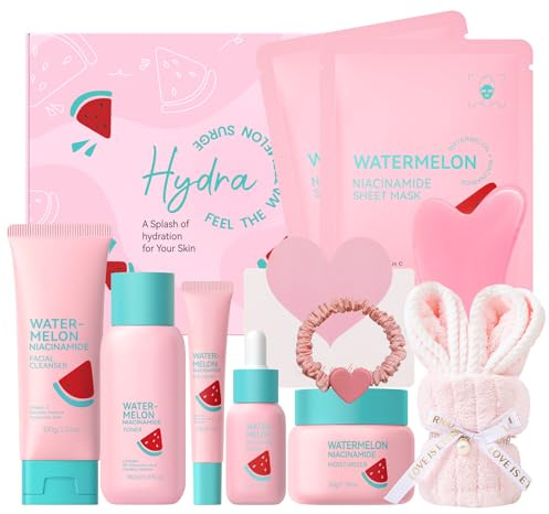 BeauBase Kit Soin Visage Pastèque Niacinamide 10 Pcs | Coffret Cadeau | Femme et Ado Routine Hydratante Éclat | Skincare Glow Up Set pour Tout Type de Peau