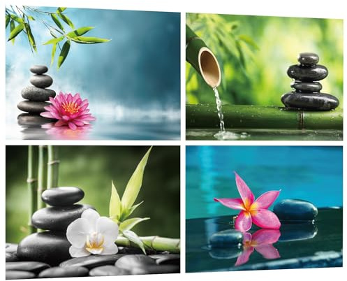 Autocollant Mural Zen Lot de 4, Décoration Murale Pierres de Massage Plantes Vertes Fleurs Bambou et Orchidée - Sticker Adhésif SPA pour Salle de Bain, WC et Maison 50x35cm (C)