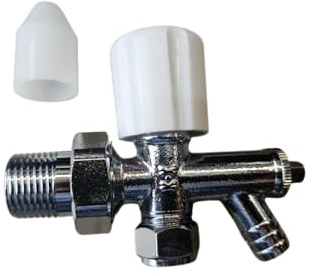 Optima Angled Wheelhead Radiator Valve with Drain Off, 10mm, Chrome Finish, White Caps