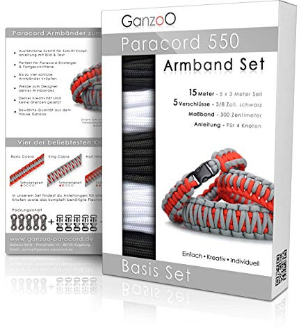 Ganzoo Paracord 550 armband DIY-set för att knyta själv, knytsats med instruktion, Black White, 5x3 m 4 mm fallskärmslina i nylon med 7 kärnor, 5 klickspännen 10 mm, 16 sidor 4 knutar, 300 cm måttband