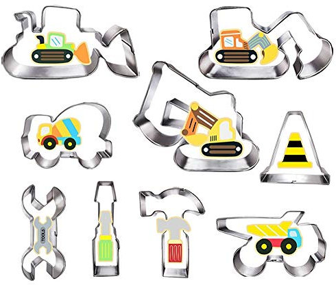 Construction Cookie Cutter Set-3 Inches-9 Piece- Excavator Digger Bulldozer Dump Truck Hammer Wrench Construction Tools Cutters Molds for Kids Construction Themed Party