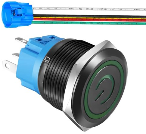 Geblidet Interruttore a Pulsante a Scatto in acciaio Inossidabile da 22mm 110V-220V/5A Simbolo di Alimentazione LED 1NO1NC SPDT Impermeabile con presa a filo Spina (LED verde/guscio nero)