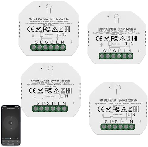 4-pack Interrupteur Module Volet Roulant Connecté WiFi, Commutateur Rideau Stores Sans Fil, Compatible avec Alexa Google Home pour Commande Vocale, Minuterie Intelligent Moteur Mural