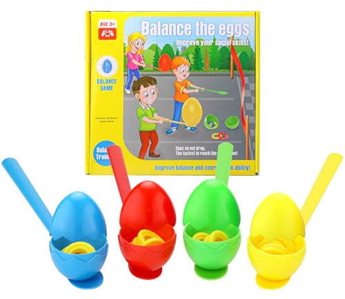 wokdsbl Egg and Spoon Race Kit, Easter Kids Outdoor Garden Sports Fun Balance Retro Game,4 Plastic Spoons and 4 Eggs Game for Adults And Kids,Garden Outdoor Toys Family Party Games Set