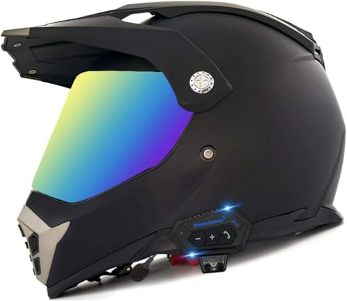 Casco Motocross con Auricolare Bluetooth Integrato, Casco MX, Casco Moto, con Doppia Visiera Parasole, per Casco Quad ATV Enduro, Certificazione Ece, 1, XL(61-62cm)