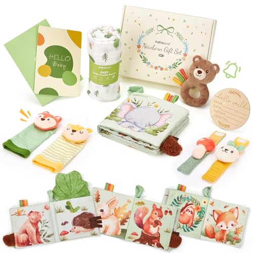 hahaland Baby Shower Gift for New Mom, Newborn Gift Set for Boys & Girls with Swaddle Blanket, Rattle Socks and Wristband Set, Plush Rattle, Soft Baby Crinkle Book, Wooden Milestone Card