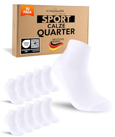 sockenkauf24 10 Paia Calze Sportive Uomo Donna Calzini Tennis Corte Quarter Sport Socks Spugna Rinforzati Bianche 39-42