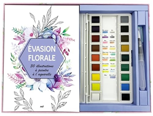 Coffret Aquarelle - Évasion florale - 30 illustrations à peindre à l'aquarelle: Un carnet avec des feuilles détachables, une palette de 18 couleurs et un pinceau réservoir