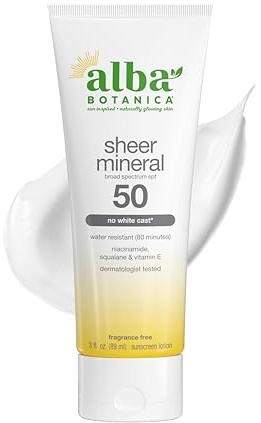 Alba Botanica Mineral Sunscreen Lotion SPF 50, Broad Spectrum, Fragrance Free, 3 Fl Oz (Packaging May Vary)