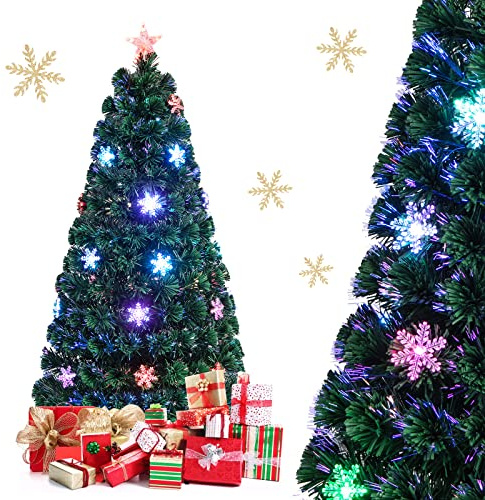 COSTWAY 150 cm LED Künstlicher Weihnachtsbaum mit Glasfaser-Farbwechsler und Sternspitze, Tannenbaum PVC Nadeln, Christbaum ideal für Zuhause, Büro, Geschäfte und Hotels, Grün (150cm)