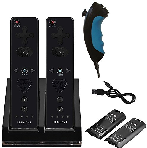 ameego 2x Build in Motion Plus Wireless Remote Controller & 2x Nunchuk Controller & 1x Charging Dock Controller Includes 2 Pcs of 2800mAh Battery Pack for Nintendo Wii & Wii U (Design-A Black/White)
