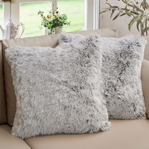 Cheer Collection Throw Pillows for Couch and Bed, Soft Shaggy Throw Pillows with Inserts Included, Cozy Long Hair Faux Fur Pillows - Set of 2-18 x 18 - Gray