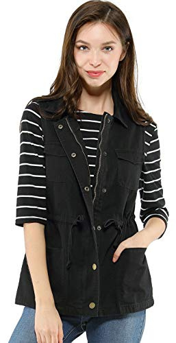 Allegra K - Chaleco cargo para mujer, chaqueta sin mangas con cremallera, anorak tipo utility, Negro, Large