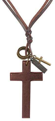 JewelryWe Schmuck Herren Leder Kette Vintage Holzkreuz Schrift Tag Ringe Kreuz Anhänger verstellbare Lange Halskette Lederkette Schwarz/Braun
