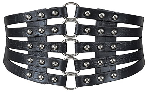 MEGAUK Damen Leder Gürtel Breit Nieten Gürtel Elastischer Taillen Gürtel Vintage Nietengürtel Hüftgürtel Bindegürtel Lolita Korsett mit Ring Schnalle Design (Schwarz+Silber)