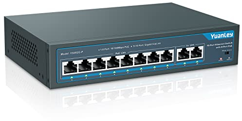 YuanLey 10 Port PoE Switch, 8 PoE+ Port 100Mbps, 2 Uplink Gigabit, 120W 802.3af/at, Extend Function, Metal Fanless Unmanaged