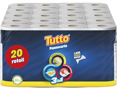 Tutto Pannocarta 3 in 1, 20 Rotoli di Carta Multiuso, 1 Velo, 48* strappi, Extra Assorbente, Lavabile e Riutilizzabile più di 20 Volte, 100% Made in Italy