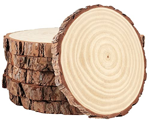 PINGEUI 6 delar, 23–25 cm naturliga träskivor, obehandlade träcirklar med bark, runda tomma träskivor träskivor för gör-det-själv-hantverk, juldekorationer och bröllopsdekorationer