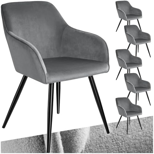 tectake 6er Set moderner Esszimmer Stuhl, Sitzfläche aus Samt, Armlehnstuhl, Sessel Wohnzimmer, gepolsterter Bürostuhl mit schwarzen Metallbeinen, Schminktisch Stuhl - grau/schwarz
