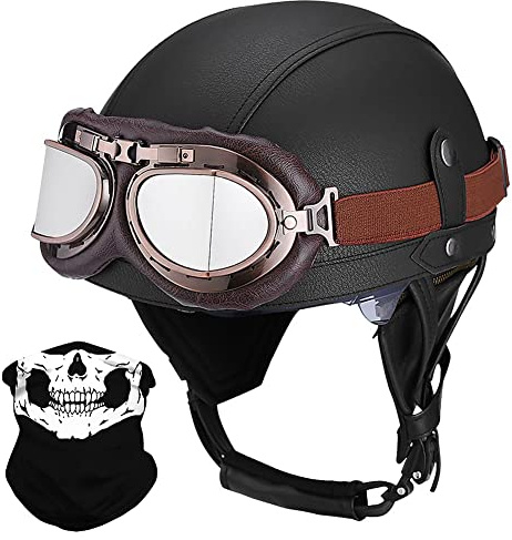 Deutsche Leder Motorrad Halbhelme mit ECE, Vintage Helme mit Schutzbrille, Jethelm Retro, Chopper Helm, Scooter-Helm, Fahrradhelm, mit Sonnenblende und Herausnehmbares Innenfutter