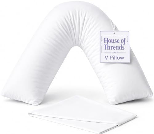 HT House of Threads V Pillow | 100% Virgin Hollowfibre V Shaped Pillow | Hypoallergenic Triangle Pillow for Pregnancy & Maternity | Orthopedic Support for Neck & Back Pain Relief