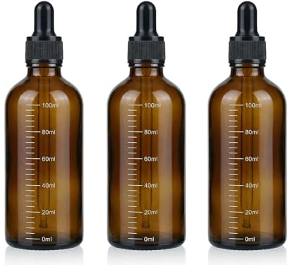 3Pcs 100ml Amber Glass Bottle With Black Dropper Pipette - Empty Refillable Graduated Scale Essential Oil Bottle for Perfumes and Aromatherapy