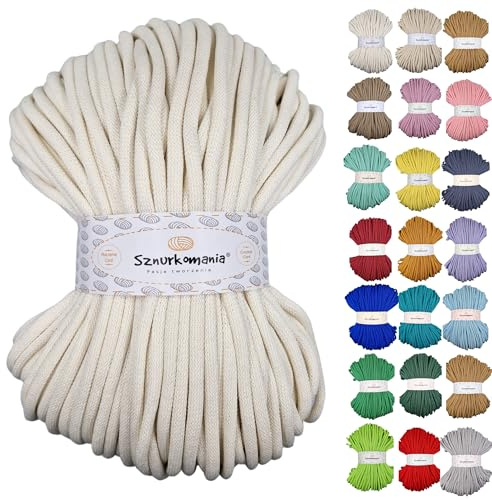 Sznurkomania, Baumwollkordel 9mm 100m, viele Farben, Makramee Garn, Baumwollgarn, geflochtene Baumwollkordel mit Kern, Makramee Kordel, Häkelkordel, Kordel 9mm, gehäkelte Tasche (Ecru)